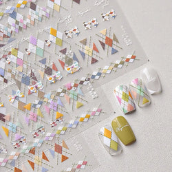 French Style Colorful Square Grid Rhombus Stripe Bowknot Line 3D Self Adhesive Nail Art Stickers Shiny Rhinestone Manicure Decal (Online Order Only)