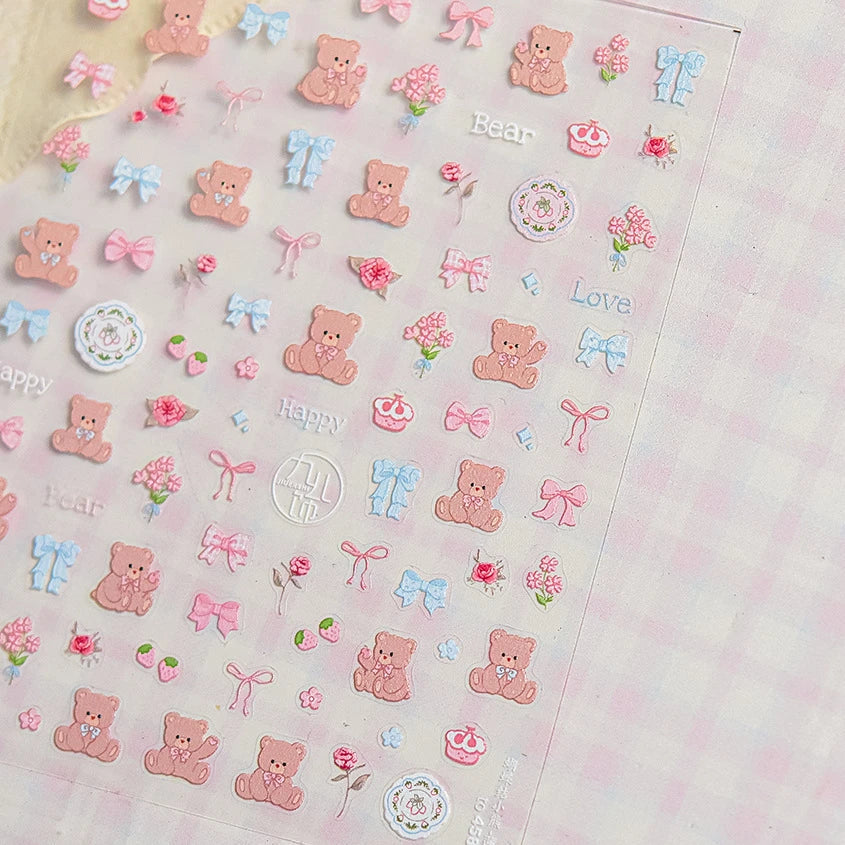 Charming Cherry's Cake Cute Bowknot Pink Blue Bear Flower Bouquet Strawberry Adhesive Nail Art Sticker Rhinestone Manicure Decal (Online Order Only)