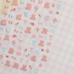 Charming Cherry's Cake Cute Bowknot Pink Blue Bear Flower Bouquet Strawberry Adhesive Nail Art Sticker Rhinestone Manicure Decal (Online Order Only)