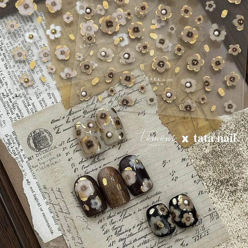Retro Flowers Petal Pearl Rhinestones Halo Dyeing Chic Daisy Vintage Gold Foil  Floral Designs Nail Art Stickers Manicure Decals (ONLINE ORDER ONLY)