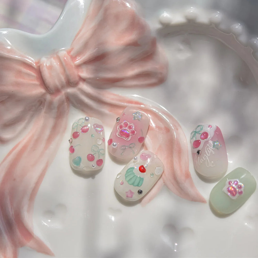 Lovely Green Pink Cherry Pudding Claw Paw Love Heart Bowknot Soft Embossed Reliefs Adhesive Nail Art Stickers Manicure Decals (ONLINE ORDER ONLY)