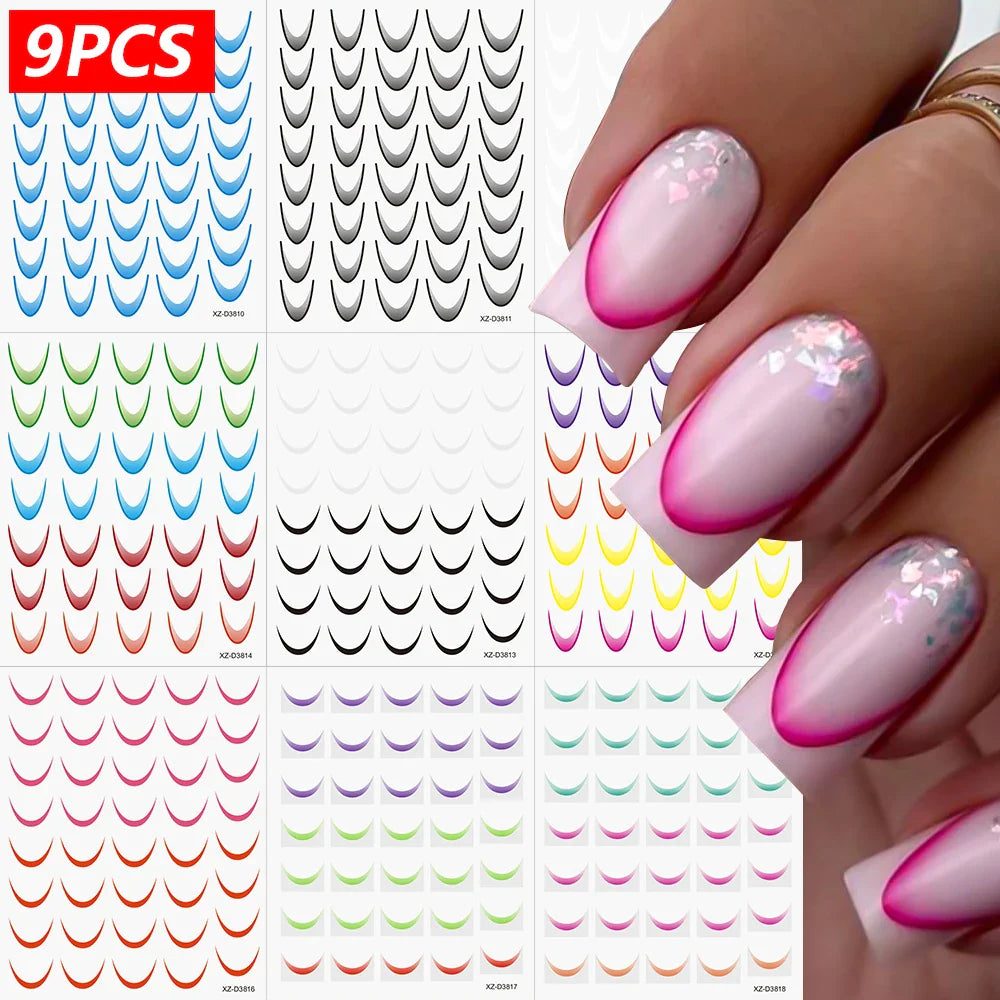 9/18pcs Gradient Color Line Design Nail Art Stickers 3D Dopamine Y2K French Nail Decals Self-Adhesive Ombre Manicure Decor Foils (Online Order Only)