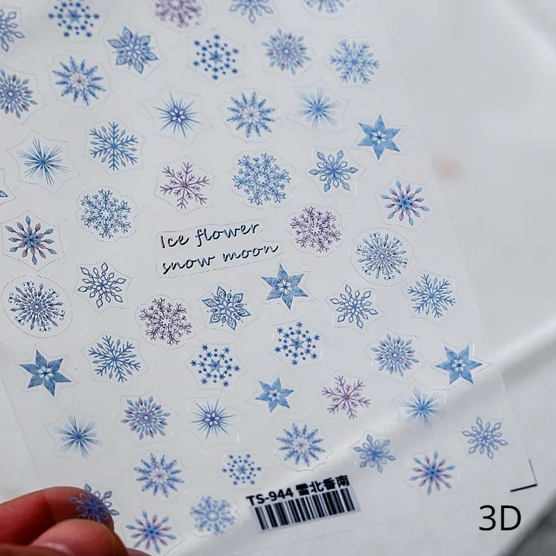 Shiny White Pink Blue Gold Snowflakes Hexagon Water Bubbles Winter 5D Self Adhesive Nail Art Stickers Rhinestone Manicure Decals (ONLINE ORDER ONLY)