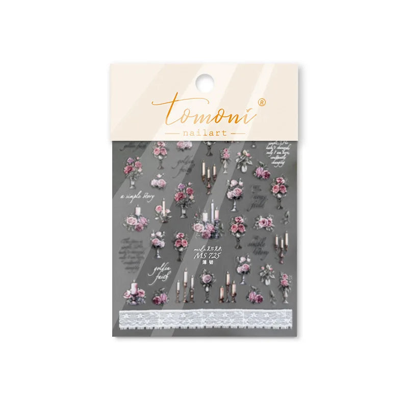 Romantic Candle Holder Lace Rambler Rose Pink Flower Bowknot Candlestick Ribbon Adhesive Nail Art Stickers Shiny Manicure Decals (ONLINE ORDER ONLY)