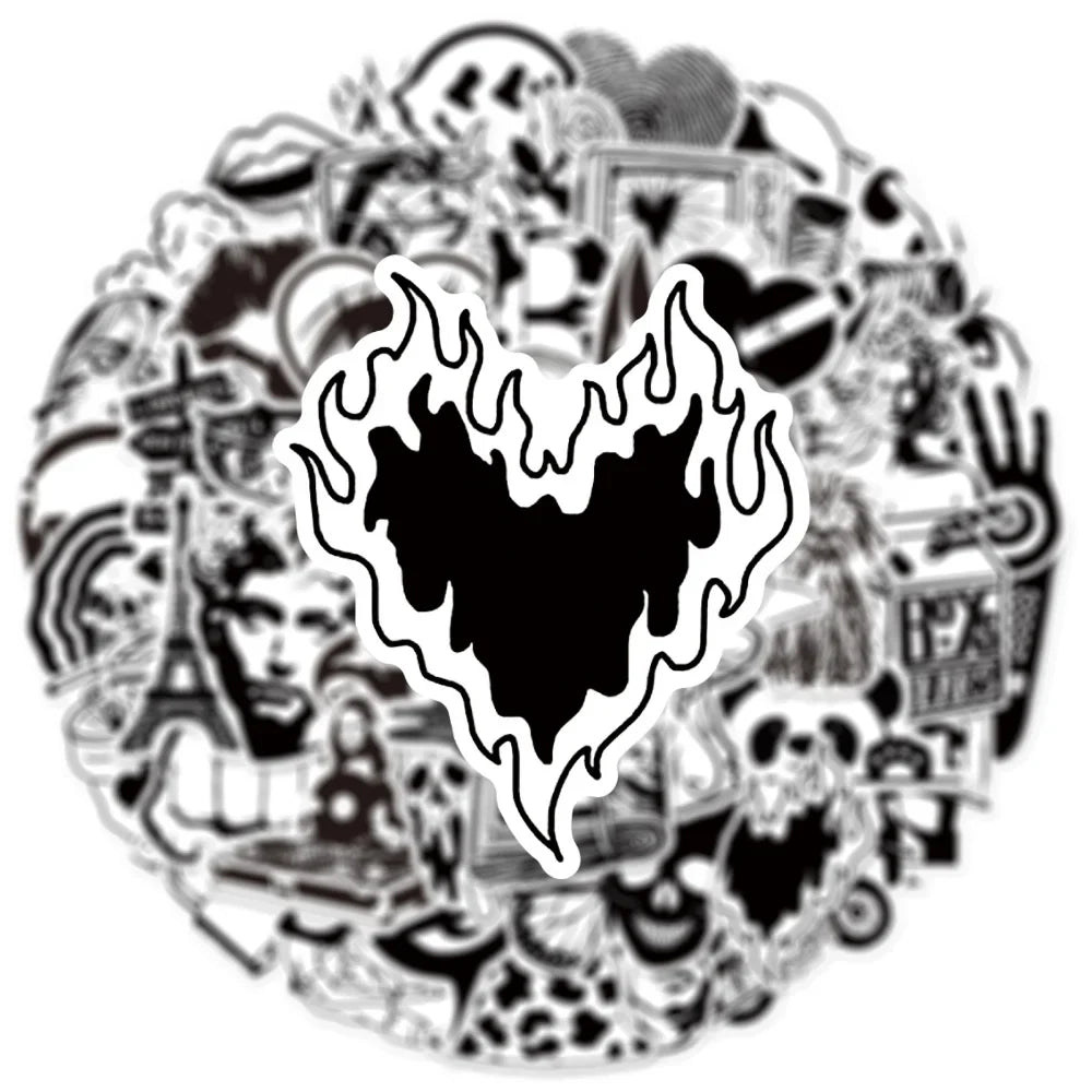 50pcs Graffiti Black and White Art Styling Stickers Laptop Luggage Phone Case Guitar Fridge Car Motorcycle Cool Ins Decals (Online Order Only)