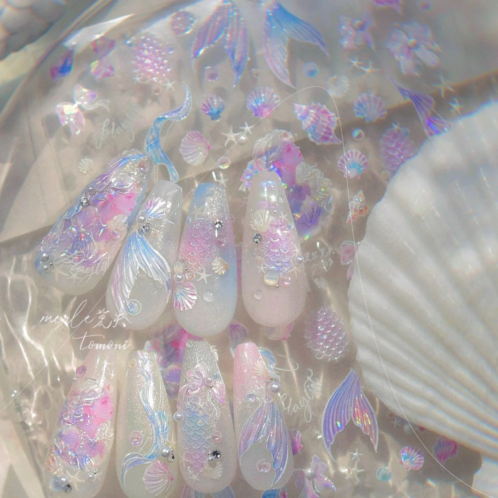 Mermaid Girl Conch Starfish Shell Bowknot Fish Scale Purple Ribbon Water Bubbles Chic Adhesive Nail Art Sticker Manicure Decals (ONLINE ORDER ONLY)
