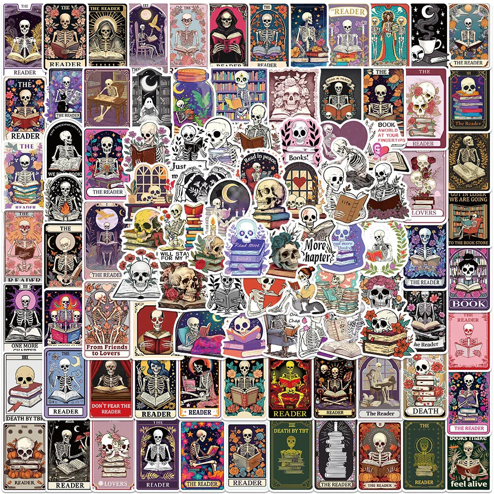 50/100pcs Cartoon Aesthetic Skull Book Death Reader Stickers Waterproof Graffiti For Luggage Guitar Laptop Phone Vinyl Decals (Online Order Only)