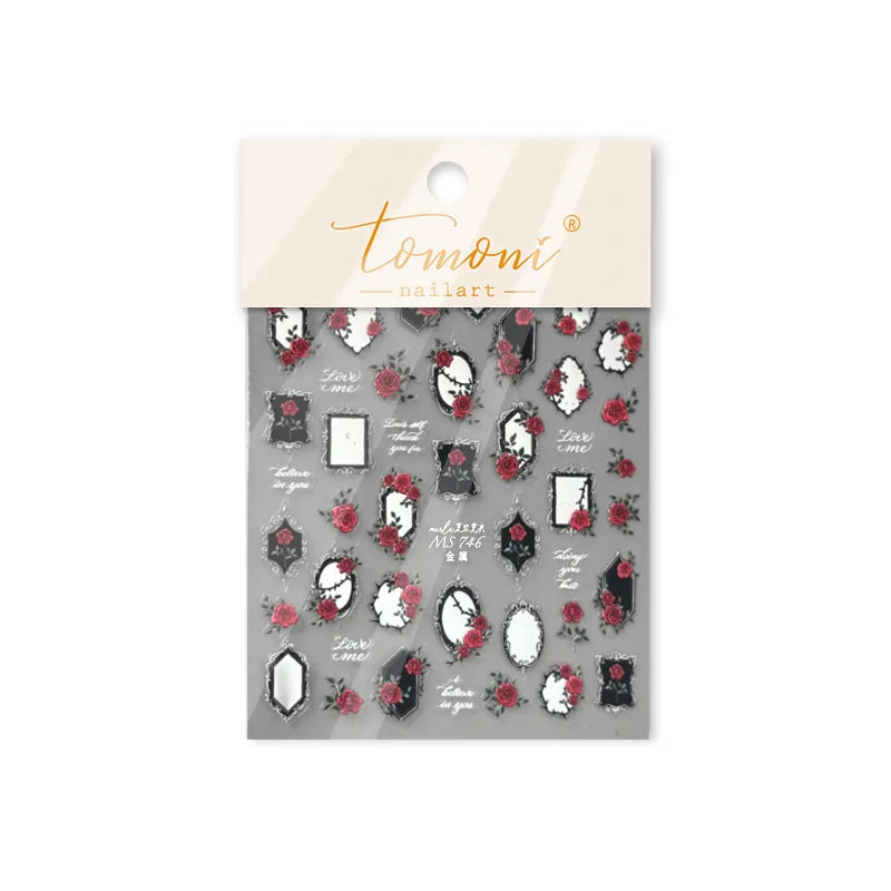 Metal Effect Rose Flower Pattern Totem Photo Frame Self Adhesive Nail Art Sticker Romantic Chic Wreath Rhinestone Manicure Decal (Online Order Only)