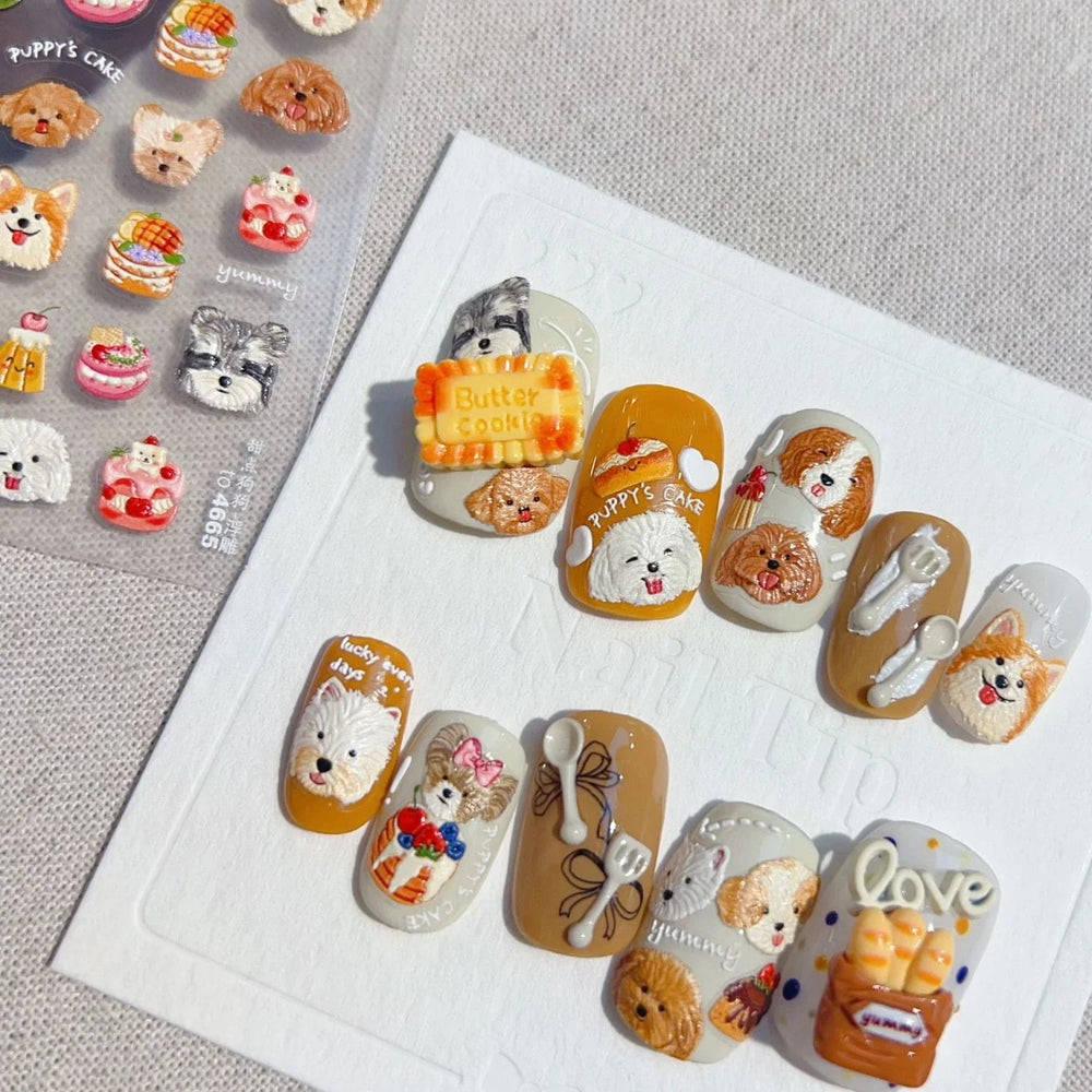 Cute Mango Dog Puppy Bear Bichon Blueberries Strawberry Cake Fruit Juice Desserts Corgi Adhesive Nail Art Sticker Manicure Decal (Online Order Only)