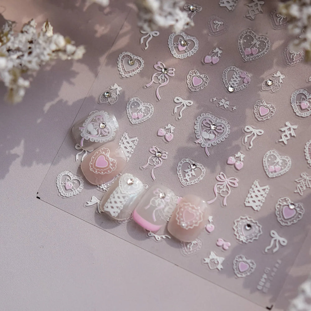 Lovely Heart Strawberry Cherry Bowknot Lace Lolita Crystal Rhinestone Line Rococo Chic Adhesive Nail Art Sticker Manicure Decals (ONLINE ORDER ONLY)