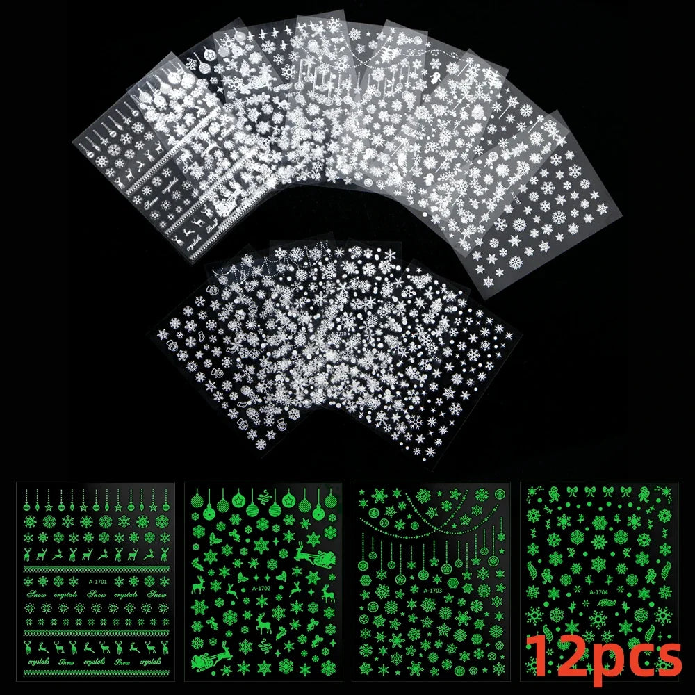 12pcs Cute Christmas Nail Decals Santa Claus Elk Penguin Snowman Cartoon Nail Stickers 3D Self-adhesive Sliders Manicure Decor * (Online Order Only)