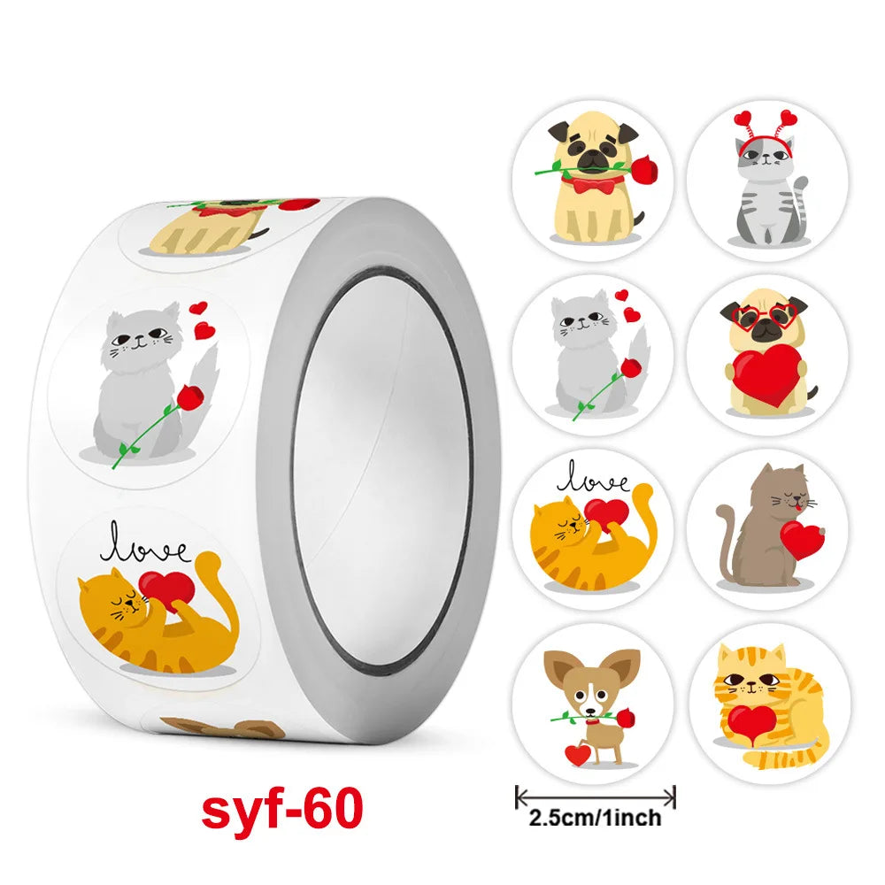 500 / roll Cute Cartoon Animal Dog Cat Sticker Gift Wrap Label Valentine's Day Decoration Self-adhesive Office Stationery (ONLINE ORDER ONLY)