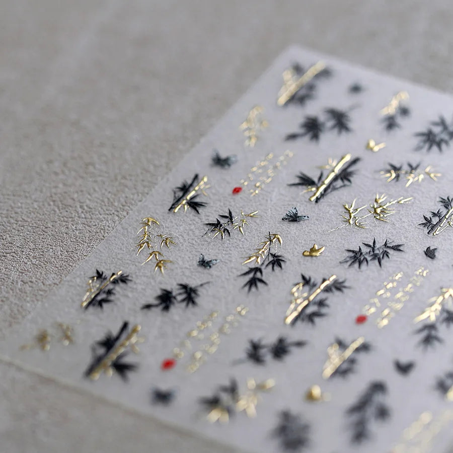 Antique Bamboo Leaf Hot Stamping Plant Botany Calligraphy Characters Self Adhesive Nail Art Stickers Rhinestone Manicure Decals (ONLINE ORDER ONLY)