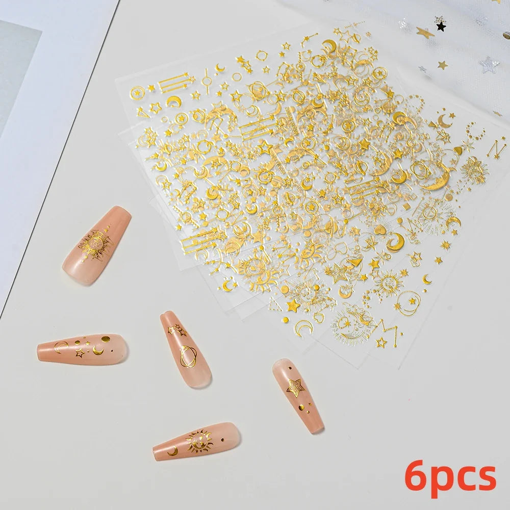 4pcs/Set Elf/Fairy Jelly Gold Nail Art Sticker Sun/Moon/Star Geometric Embossed Reliefs Self Adhesive Nail Decal Manicure Design (Online Order Only)