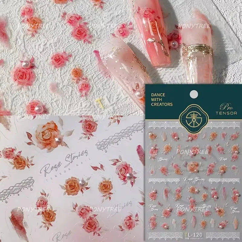 French Chic Mini Pink Rose Flower Bowknot Lace Ribbon Pearl White Little Flower Self Adhesive Nail Art Stickers Manicure Decals (ONLINE ORDER ONLY)