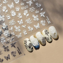 Flower Bowknot Butterfly Plant Leaf English Letter Rose Hand Drawn Embossed Relief Self Adhesive Nail Art Sticker Manicure Decal (ONLINE ORDER ONLY)