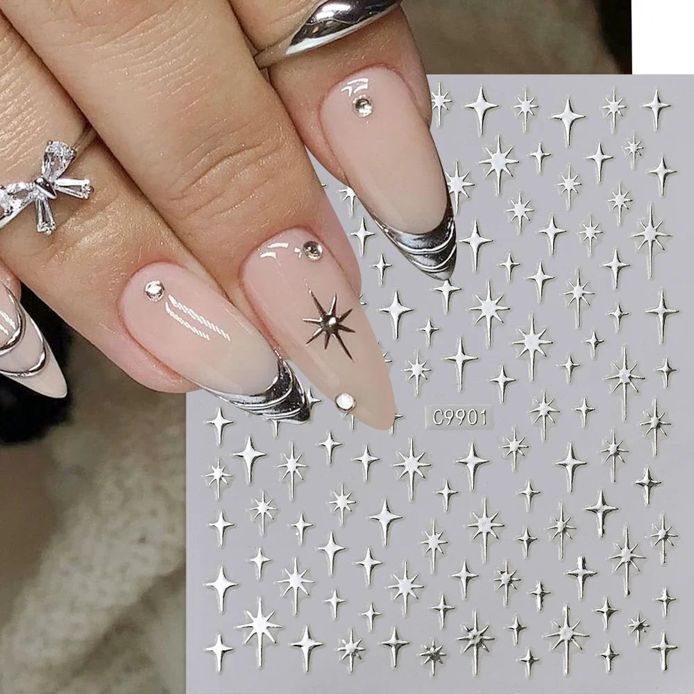 6Pcs 3D Silvery Star Nail Sticker Y2K Nail Design Gold Bronzing Slider Chrome Effect Nail Decoration Nail Design Manicure Tips * (ONLINE ORDER ONLY)