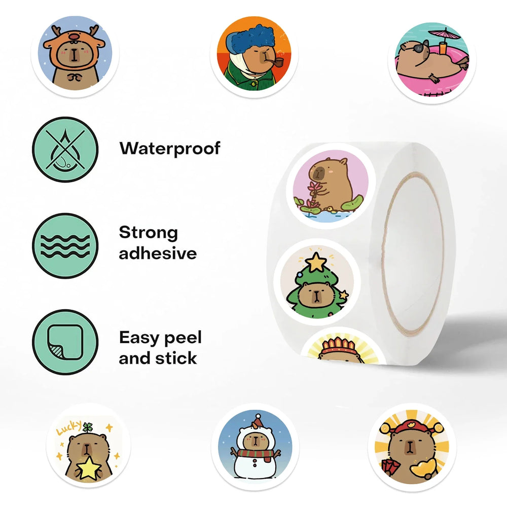500PCS Round Cartoon Capybara PVC Graffiti Sticker Sticky Aesthetic Decorative Scrapbook DIY Child Phone Stationery Supply (ONLINE ORDER ONLY)