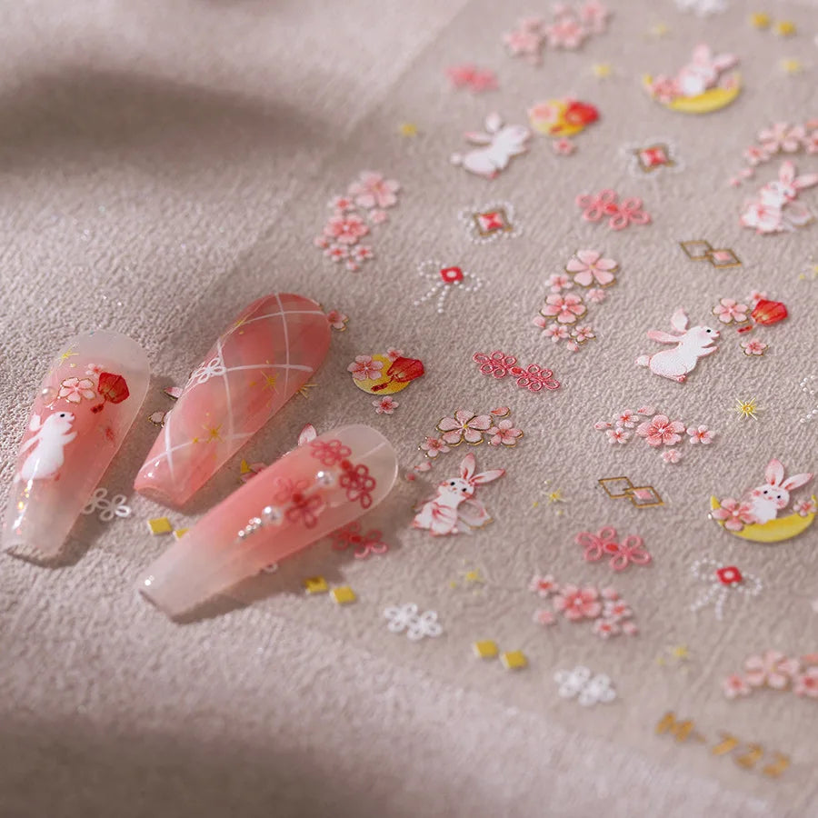 Rabbit Bunny Moon Flower Lantern Peach Blossom Star Bowknot Self Adhesive Nail Art Stickers Rhinestone Delicate Manicure Decals (ONLINE ORDER ONLY)