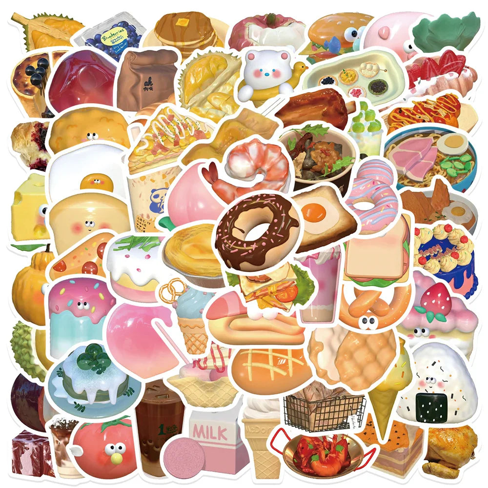 Cute 3D Cartoon Food Stickers for Laptop, Phone, Luggage, Guitar, Bike, Wall, Kid Toy - 10/30/65pcs (Online Order Only)