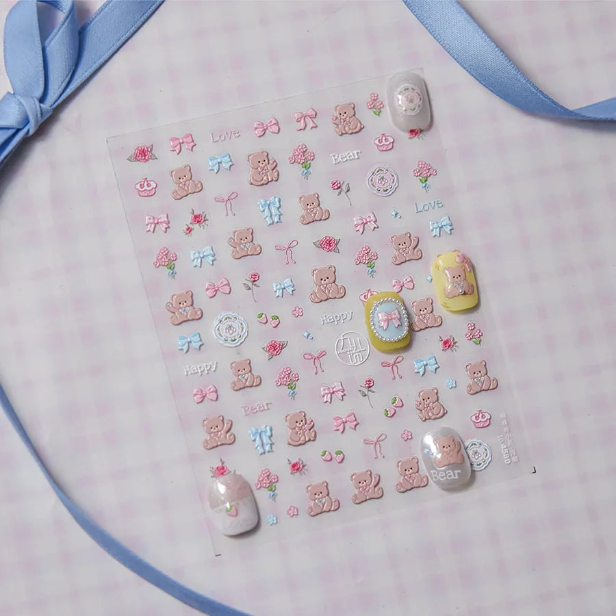 Charming Cherry's Cake Cute Bowknot Pink Blue Bear Flower Bouquet Strawberry Adhesive Nail Art Sticker Rhinestone Manicure Decal (Online Order Only)