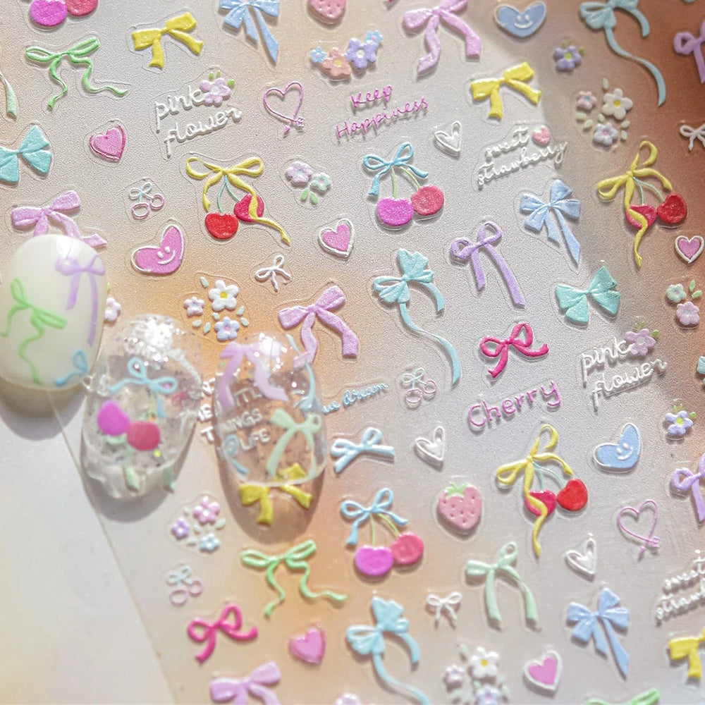 Doodle Pink Blue Ribbon Bowknot Flower Cherry Strawberry Graffiti Love Heart Delicate Embossed Nail Art Sticker Manicure Decals (ONLINE ORDER ONLY)