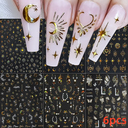 6pcs Mirror Silver Star 3D Nail Sticker Holographic Heart/Moon/Cross Design Self-Adhesive Decal Manicure Art Supplies Decoration (ONLINE ORDER ONLY)