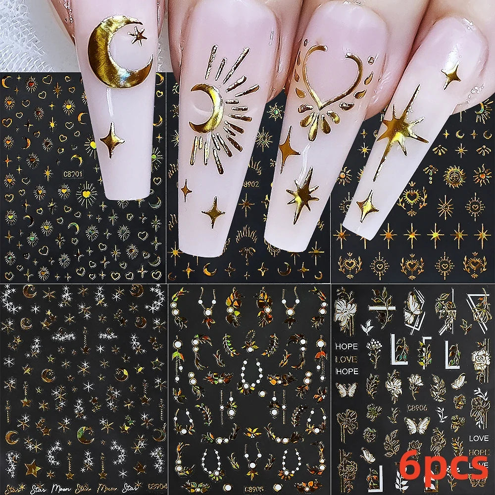 6 Sheets Moon/Star Nail Art Sticker Adhesive Gold Color Sticker Sheets Universal Constellation Shapes Sticker Art Decoration (ONLINE ORDER ONLY)
