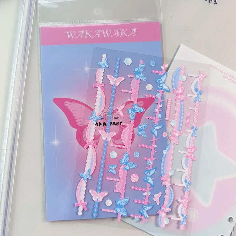 1Pc Korean Ins Butterfly Pearl Chain Sticker Cute Cat Ear Album Decorative Stickers Journal Scrapbooking Kpop Stationery Sticker (Online Order Only)