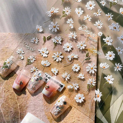 Mountain Daisy Wild Flower Mini Green Leaves White Petal Romantic Embossed Reliefs Adhesive Nail Art Stickers Manicure Decals (ONLINE ORDER ONLY)
