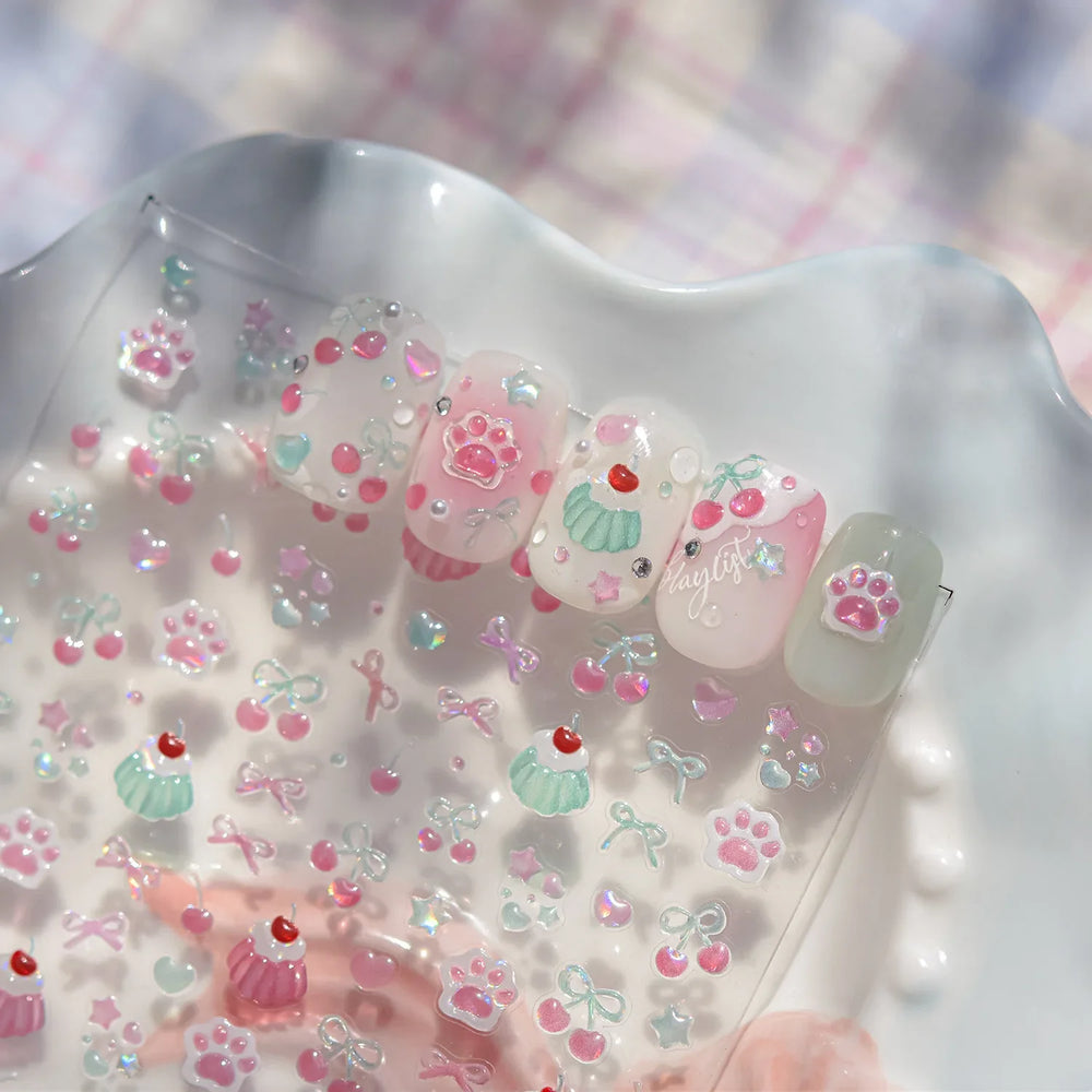 Lovely Green Pink Cherry Pudding Claw Paw Love Heart Bowknot Soft Embossed Reliefs Adhesive Nail Art Stickers Manicure Decals (ONLINE ORDER ONLY)