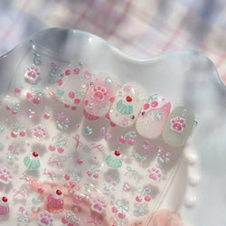 Lovely Green Pink Cherry Pudding Claw Paw Love Heart Bowknot Soft Embossed Reliefs Adhesive Nail Art Stickers Manicure Decals (ONLINE ORDER ONLY)