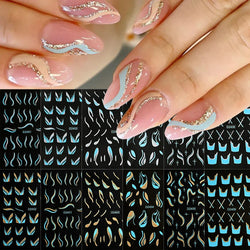 6pcs/Set Blue Gold Glitter French Design 5D Nail Stickers Curve Lines Swirls Wave Nail Sliders Reflective Flakes Decals Manicure (ONLINE ORDER ONLY)
