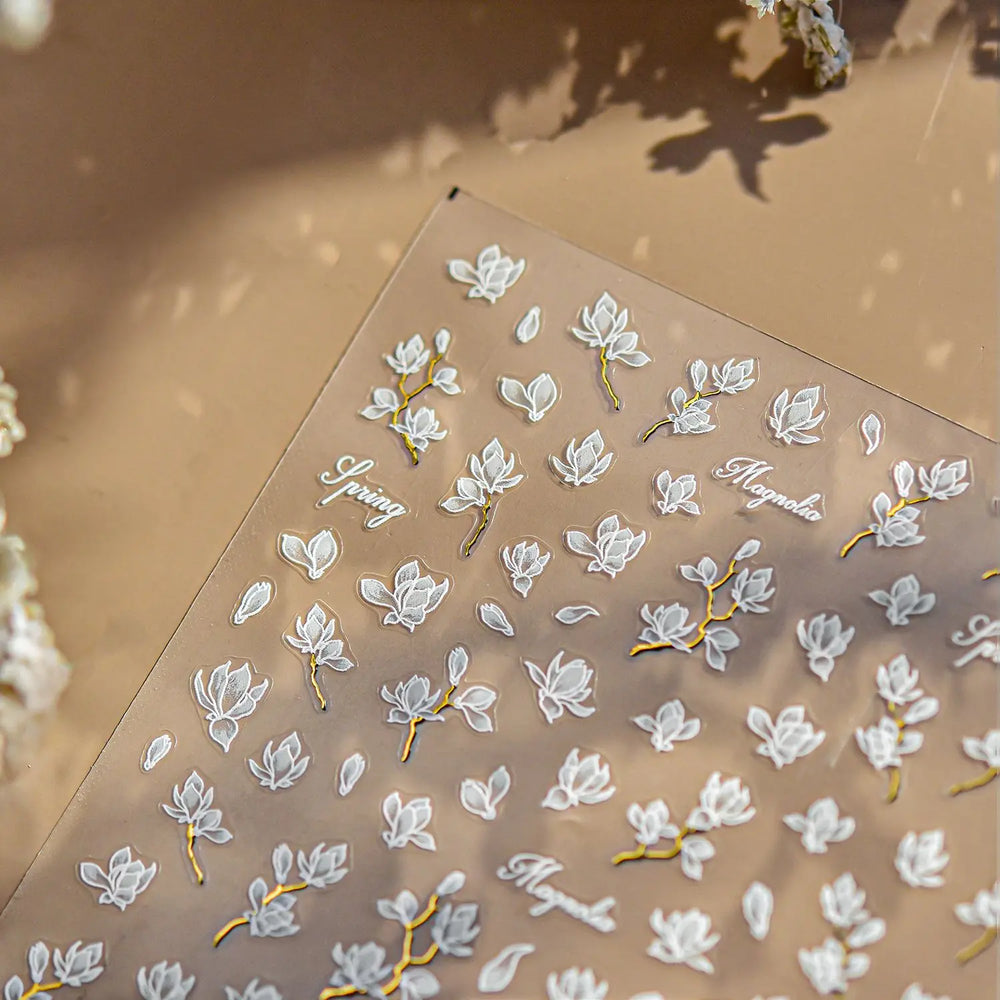 Translucent White White Pink Magnolia Rose Flower Floral Soft Embossed Relief Adhesive Nail Art Stickers Chic 3D Manicure Decals (ONLINE ORDER ONLY)