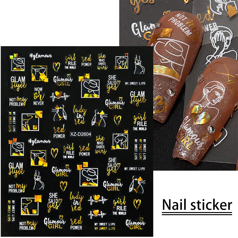 1PC Holographic Laser Heart Nail Stickers-3D Self-Adhesive Golden White Valentines Day Nail Decals For Women Nail Art Decoration (ONLINE ORDER ONLY)