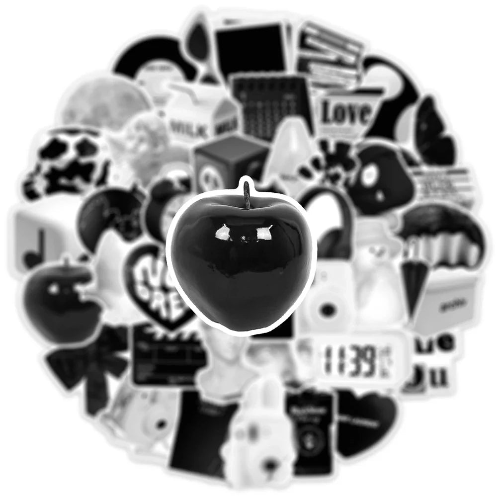 10/30/50PCS Ins Style Simple Black White Stickers Cute Decals DIY Phone Suitcase Luggage Fridge Helmet Graffiti Cartoon Sticker (ONLINE ORDER ONLY)