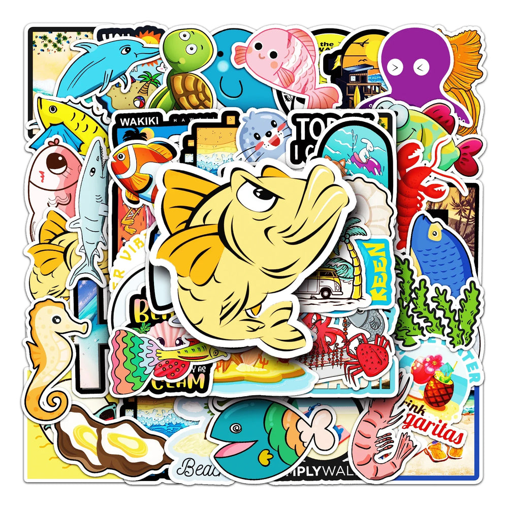 50Pcs Ocean Cartoon Waterproof Vinyl Stickers for Skateboard Snowboard (Online Order Only)