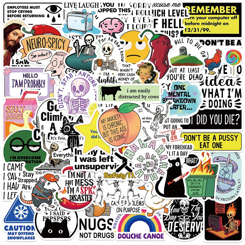 50pcs Funny Cartoon Snarky Meme Stickers For Laptop Water Bottle Luggage Notebook Phone Waterproof Graffiti Vinyl Decals (Online Order Only)