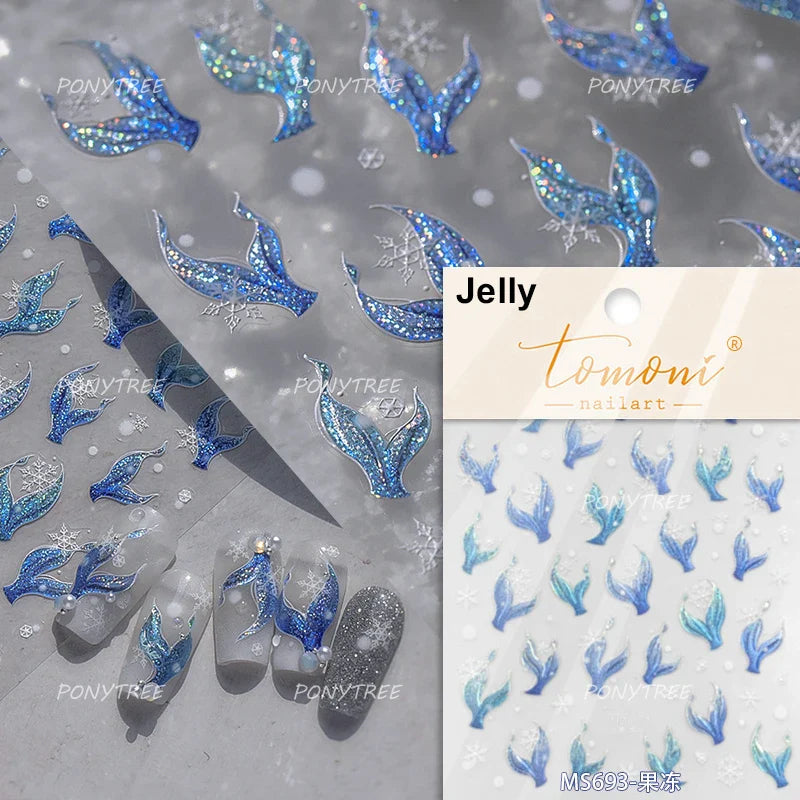 Mermaid Girl Conch Starfish Shell Bowknot Fish Scale Purple Ribbon Water Bubbles Chic Adhesive Nail Art Sticker Manicure Decals (ONLINE ORDER ONLY)
