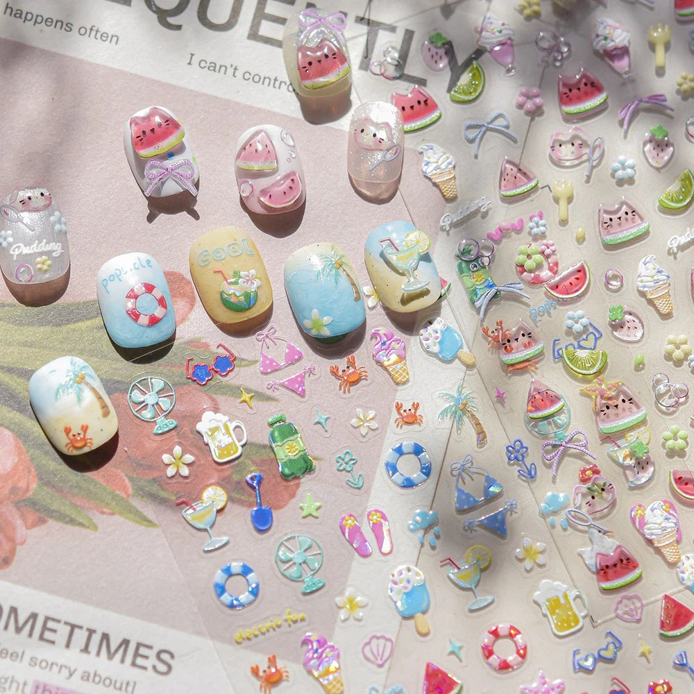 Summer Beach Bikini Watermelon Strawberry Ice Cream Soda Coconut Tree Fan Juice Crab Nail Art Decoration Stickers Manicure Decal (ONLINE ORDER ONLY)