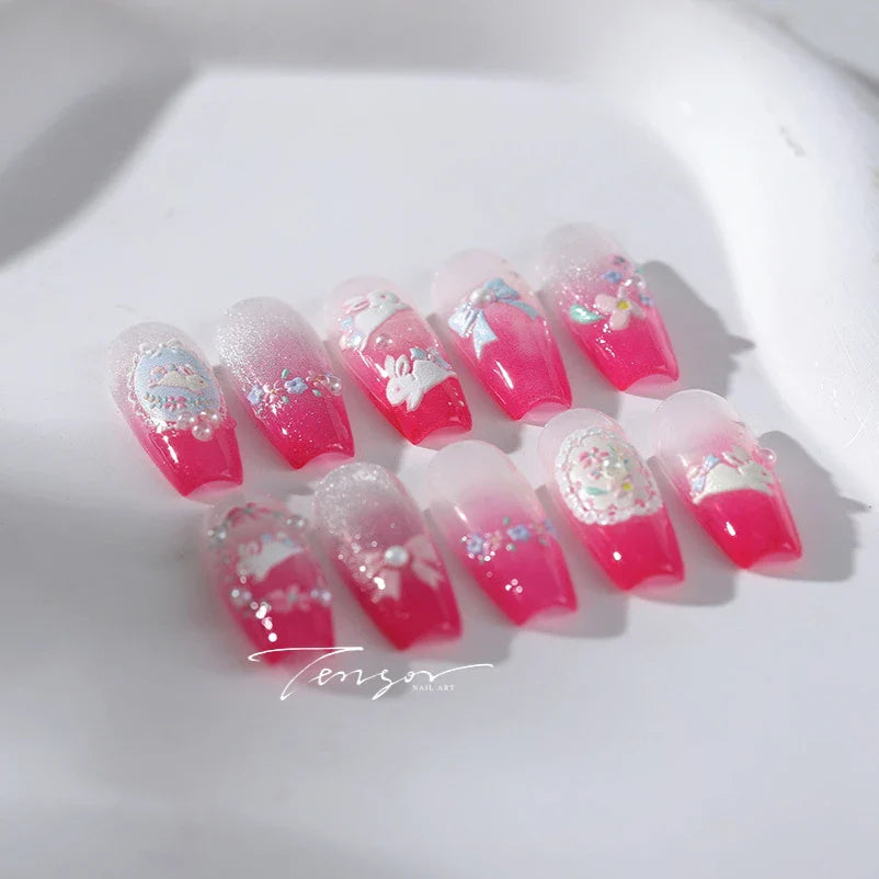 Pink Running Rabbit Bowknot Wreath Bunny Flower Tie Totem Pattern Self Adhesive Nail Art Sticker Pearl Rhinestone Manicure Decal (Online Order Only)