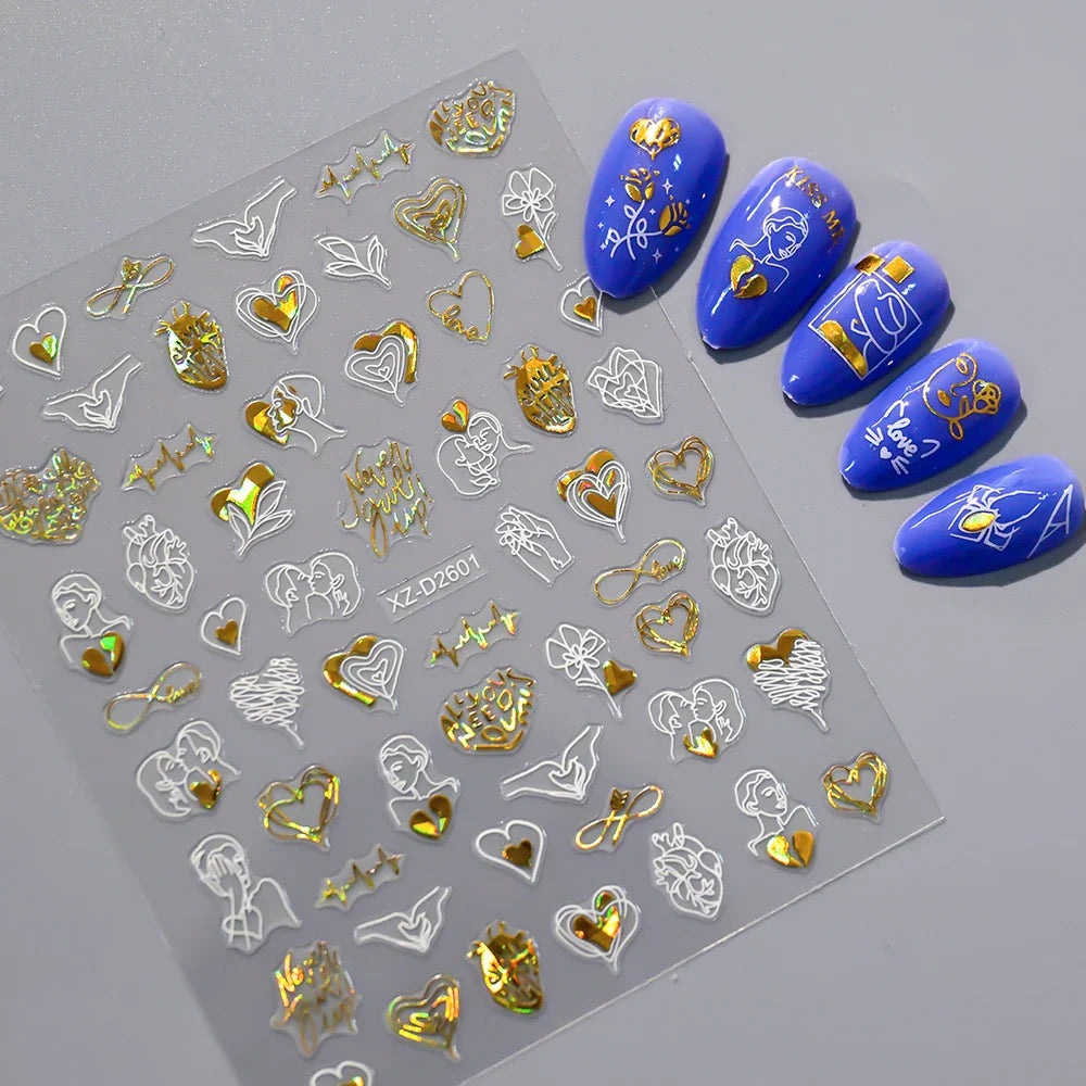 1PC Holographic Laser Heart Nail Stickers-3D Self-Adhesive Golden White Valentines Day Nail Decals For Women Nail Art Decoration (ONLINE ORDER ONLY)