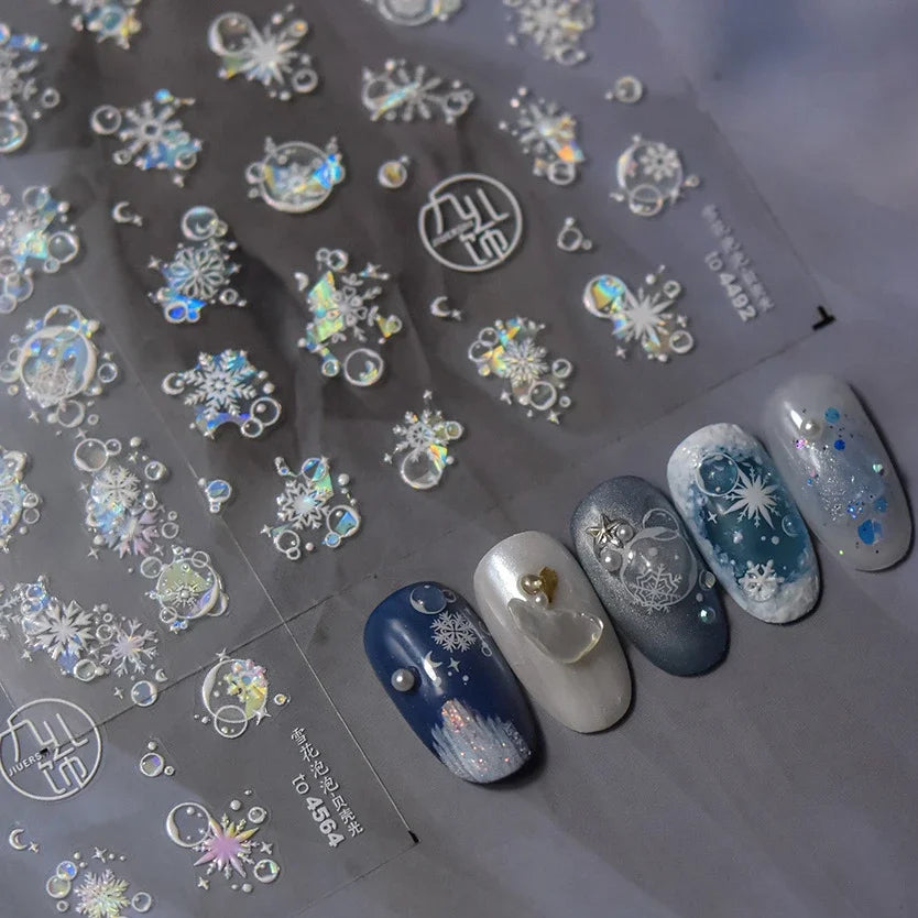 Shiny White Pink Blue Gold Snowflakes Hexagon Water Bubbles Winter 5D Self Adhesive Nail Art Stickers Rhinestone Manicure Decals (ONLINE ORDER ONLY)
