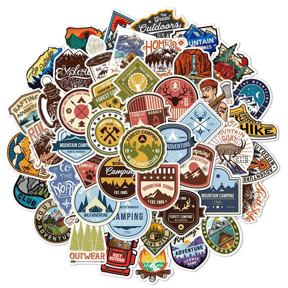 Creative Outdoor Camping Stickers for Suitcase, Skateboard, Laptop, Luggage, Phone - 10/30/48Pcs Decal Set (ONLINE ORDER ONLY)