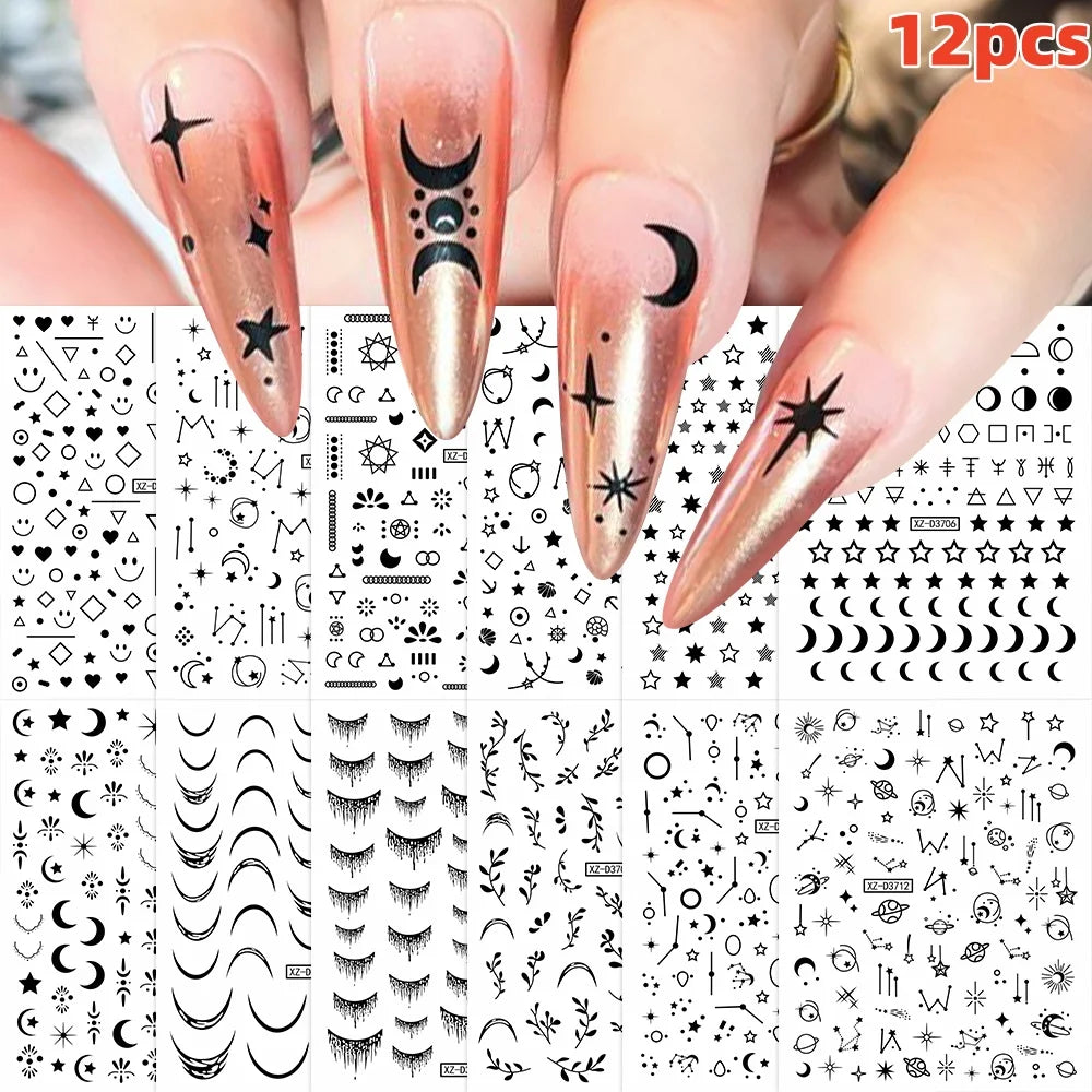 12PCS French Tassel Crescent Moon Arc Self Adhesive Nail Art Sticker 3D French Kiss Crescent Nail Stickers Lines Manicure Decals (ONLINE ORDER ONLY)