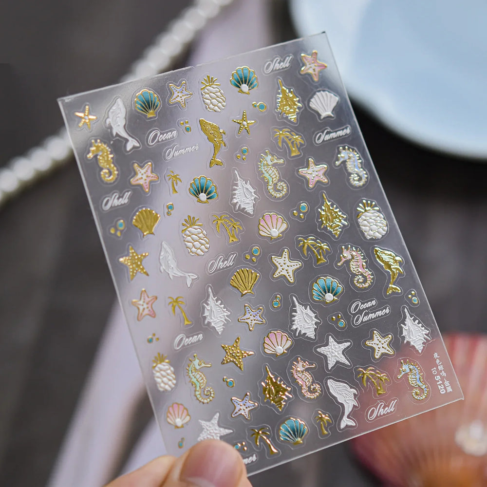 Hot Stamping Seahorse Dolphin Shell Conch Starfish Coconut Tree Jackfruit Water Bubbles Ocean Nail Art Stickers Manicure Decals (ONLINE ORDER ONLY)