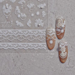 French Romantic Lace Flower Fabric Art Pearl Pendant Portrait Bowknot Textile Printing Delicate Nail Art Stickers Manicure Decal (ONLINE ORDER ONLY)