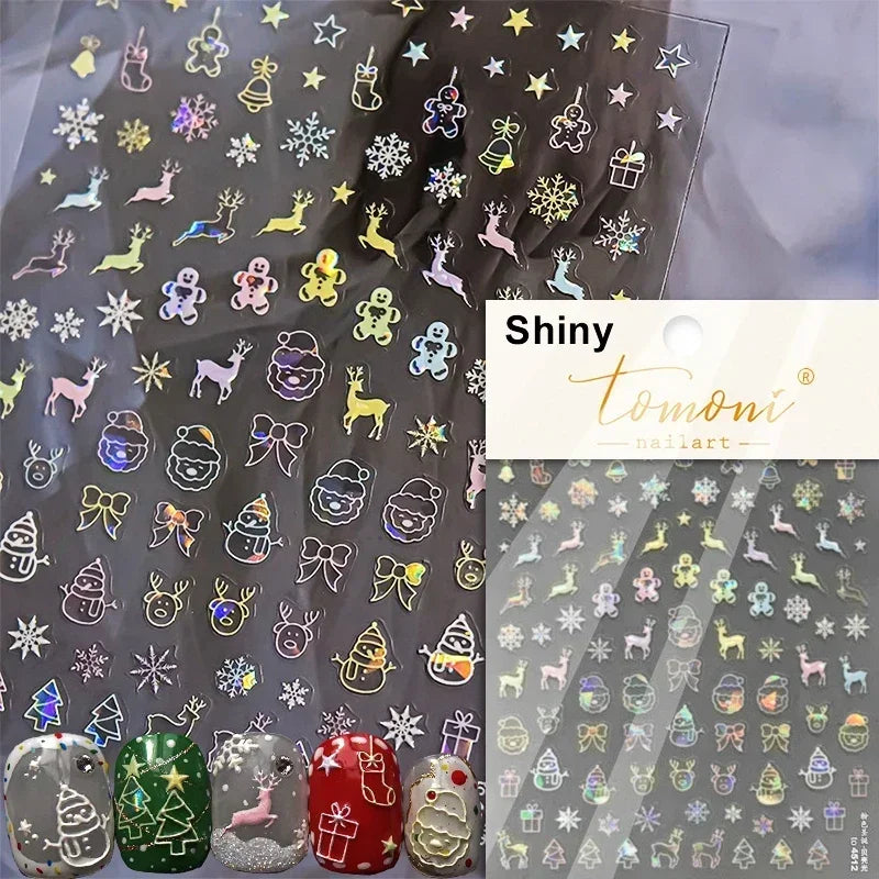 Dressy Embossment Colorful Gradient Snowflakes Laser Silver Christmas Tree Winter Bowknot Santa Nail Art Stickers Manicure Decal (Online Order Only)
