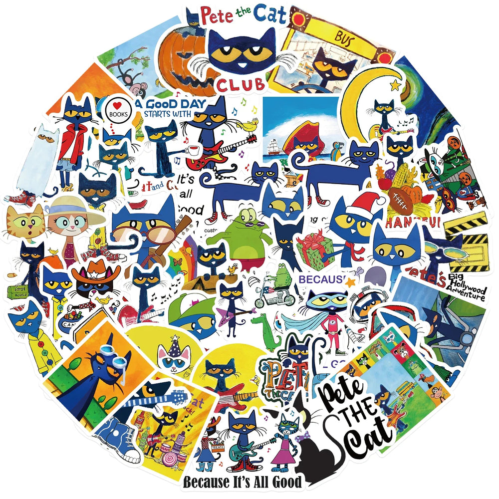 50PCS Kawaii Cute Pete The Cat Sticker Funny Cartoon Stickers For Decorative Scrapbook DIY Child Phone Stationery Supply for Kid (ONLINE ORDER ONLY)