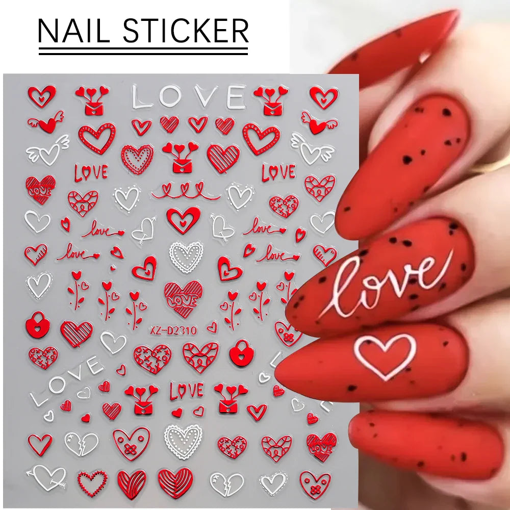 12 Sheets Valentines Nail Stickers Red Heart Nail Art Sticker Decal Solid Hollow Heart 3D Self-Adhesive Design Nail Art Supplies (ONLINE ORDER ONLY)